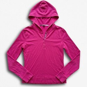Moda International Womens Medium Magenta Pink Henley Hoodie Long Sleeve Top